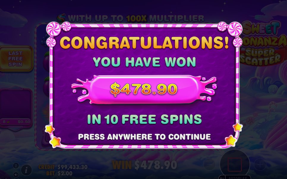 Win screen after a tumble multiplied by Bomb values