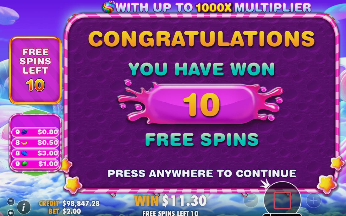 Free Spins screen with 10 spins to play